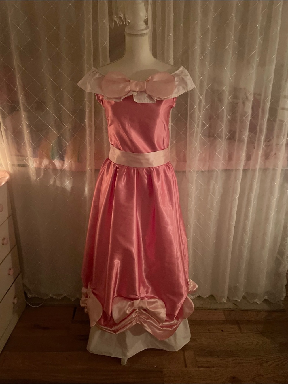 Handmade Pink Satin Princess Dress with Bow Accents